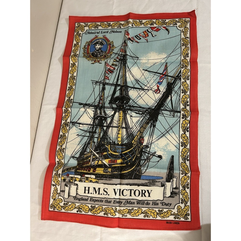 H.M.S. VICTORY SOUVENIR SHOP ADMIRAL LORD NELSON IRISH‎ LINEN TEA TOWEL VINTAGE